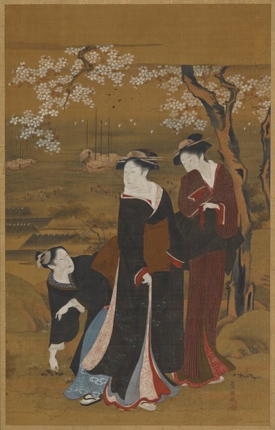 Tři ženy pod rozkvetlou třešní na pobřeží, 1769-1825. od Utagawa Toyokuni I
