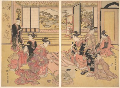 Dvě mladé ženy hrají hru Sugoroku. od Utagawa Toyokuni I