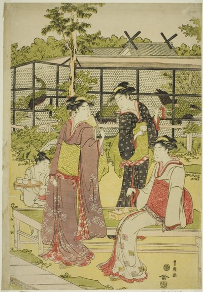 Ženy navštěvující ptačí a květinovou čajovnu (Kachojaya) od Utagawa Toyokuni I
