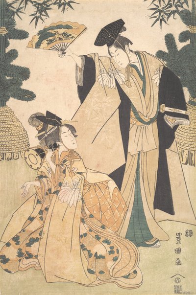 Mladá dáma s bubnem a muž s ventilátorem zdraví ji. od Utagawa Toyokuni I