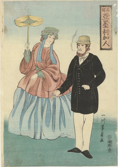 Americký pár s doutníkem a deštníkem Americajin (název na objektu) od Utagawa Yoshikazu