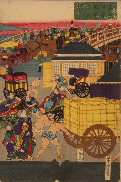 Flourishing Nihonbashi section of Tokyo. Tokyo Nihonbashi han ei no zu Triptych od Utagawa Yoshitora