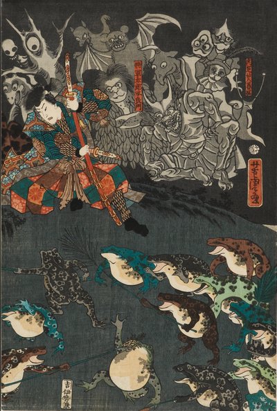 Žabí duch Nikushi vyvolává kouzelnou bitvu žab v Tateyama v provincii Etchu, 1864 od Utagawa Yoshitora