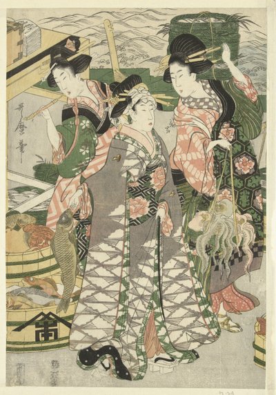 Pohled na rybí trh na pláži v Shiba [Shiba] no ura uoichi no zu od Utamaro (II) , Kitagawa