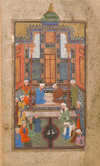 Palácová scéna v Tuhfat al-Ahrar (Dar zdarma) Buchara, Uzbekistán, uzbecké období, kolem roku 1540 (neprůhledný akvarel, inkoust a zlato na papíře) od Uzbek School