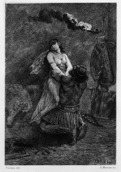 Ležel na kolenou, na podlaze, před ní. Ilustrace V.A. Poirson (1890) pro román „Salammbo“ od Gustava Flauberta, který jako rámec bere válku žoldáků v době první punské války (246-241 př.nl) mezi Římany a Kartaginií od Victor Armand Poirson