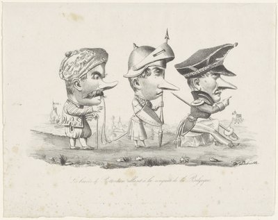 Karikatura rotterdamské milice, 1830 Les braves de Rotterdam allant à la conquête de la Belgique (název na objektu) od V. Dubrulle