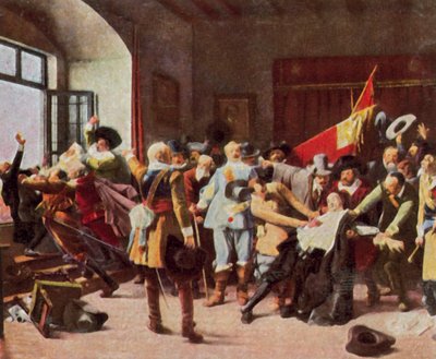 Defenestrace v Praze, 23. května 1618 (barevná litografie) od Vaclav (1851-1901) (after) Brozik