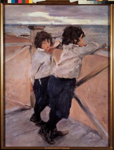 Děti. (Dva bratři, na dřevěném pontonu, před Baltským mořem). Obraz Valentina Alexandroviče Serova (1865-1911), olej na plátně od Valentin Aleksandrovich Serov
