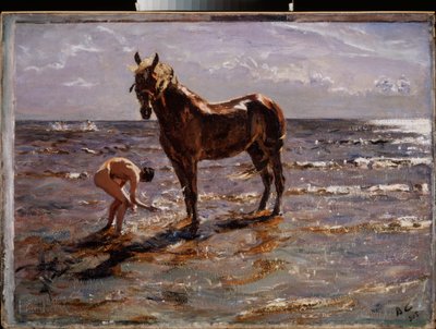 Koňská koupel. (Mladý nahý muž šplouchá koně, další dvě postavy vybíhají na moře). Obraz Valentina Alexandroviče Serova (1865-1911), olej na plátně od Valentin Aleksandrovich Serov