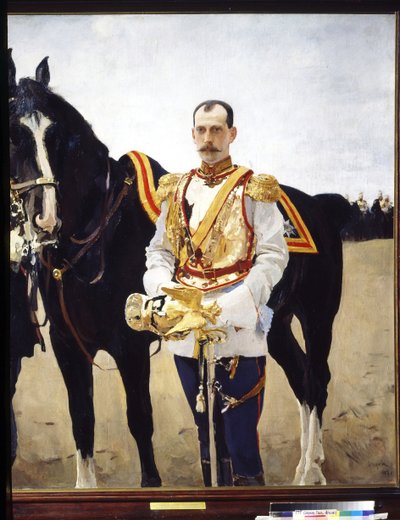 Portrét velkovévody Pavla Alexandroviče z Ruska (1860-1919). (Portrét velkovévody Pavla Alexandroviče z Ruska). V uniformě důstojníka kavalérie císařské ruské armády, poblíž jeho koně. Obraz Valentina Alexandroviče Serova ( od Valentin Aleksandrovich Serov