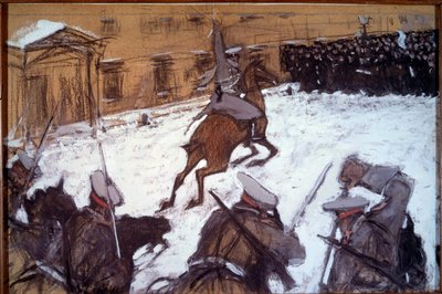 Červená neděle (krvavá neděle) v Petrohradě: „Vojenské represe během demonstrací v Petrohradě v roce 1905“““ kavalérie cara Mikuláše II. obvinila grevisty, kteří pokojně přišli protestovat před Zimní palác 22. 01/1905 od Valentin Aleksandrovich Serov