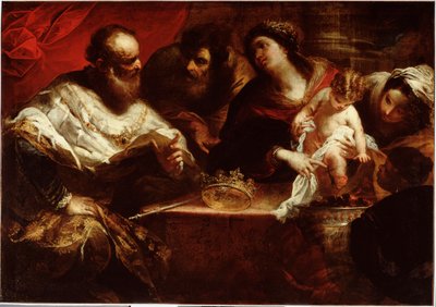 Mojžíš a zázrak hořícího uhlí Mojžíš se jako dítě, který se zmocnil faraonovy koruny, spálil tím, že uchopil hořící uhlí, čímž dokázal, že ho přitahovalo pouze to, co svítilo - (Mojžíš a hořící uhlí) Malba Valerio Castello od Valerio Castello