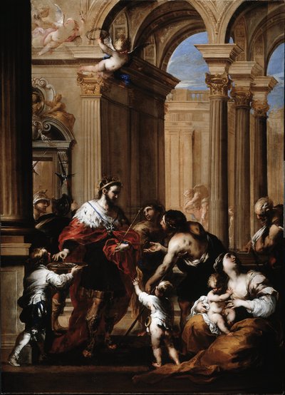 Charita francouzského krále Ludvíka IX. (1214-1270) (francouzský král Ludvík IX. dává almužnu) Obraz Valerio Castello (1624-1659) Genes, Musei di Strada Nuova (ex Palazzo Bianco) od Valerio Castello