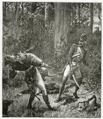 Rask the dog zabíjející anglického vojáka - ilustrace z Bug-Jargal, 19. století bw rytina od Valnay Pere et fils