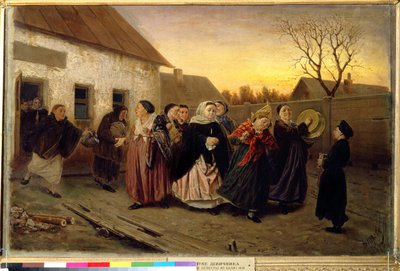 Ruský zvyk: průvod žen, které vycházejí z domu, tančí a zpívají v předvečer svatby (předvečer svatby v lázeňském domě). Obraz Vasilije (Vasiliho) Grigorjeviče Perova (1834-1882) od Vasili Grigorevich Perov