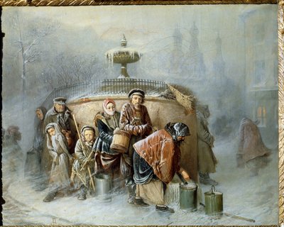 Fronta U Fontány. Uprostřed zimy obyvatelé města čekají, až na ně přijde řada, ve studeném větru a mlze, aby si naplnili vědro pitnou vodou. Obraz Vasilije (Vasiliho) Grigorjeviče Perova (1834-1882), olej od Vasili Grigorevich Perov