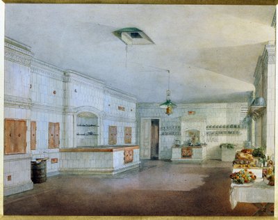 Kuchyně paláce Jusupov (palác Moika) v Petrohradě. (Kuchyně v Jusupově paláci v Petrohradě). Dílo Vasilije Semjonoviče Sadovnikova (1800-1879), akvarel na papíře. Ruské umění 19. století. Státní ruské muzeum, Saint Pe od Vasili Semenovich Sadovnikov