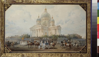 Průvod před katedrálou svatého Izáka v Petrohradě. Dílo Vasilije Semjonoviče Sadovnikova (1800-1879), akvarel na papíře od Vasili Semenovich Sadovnikov