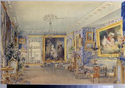 Obývací pokoj v Manor House Verki. Dílo Vasilije Semjonoviče Sadovnikova (1800-1879), akvarel na papíře od Vasili Semenovich Sadovnikov