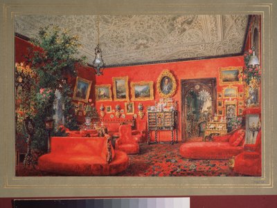 Červený obývací pokoj v Jusupovově paláci v Petrohradě. Dílo Vasilije Semjonoviče Sadovnikova (1800-1879), akvarel na papíře. ruské umění od Vasili Semenovich Sadovnikov
