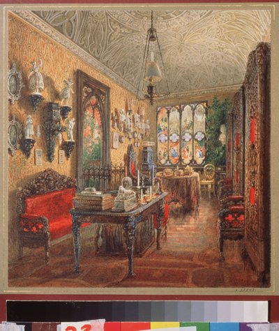 Kancelář v paláci Jusupov (palác Moika) v Petrohradě. Dílo Vasilije Semjonoviče Sadovnikova (1800-1879), akvarel na papíře, ruské umění od Vasili Semenovich Sadovnikov