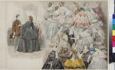Režim ženský - Dámská móda, Sadovnikov, Vasilij Semjonovič (1800-1879). Akvarel na papíře, konec 40. let 19. století. Státní muzeum historie Petrohradu od Vasili Semenovich Sadovnikov