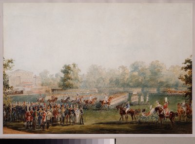 Vojenská přehlídka na louce paláce Elagin v Petrohradu. (Přehlídka císařské gardy). Dílo Vasilije Semjonoviče Sadovnikova (1800-1879), akvarel na papíře od Vasili Semenovich Sadovnikov