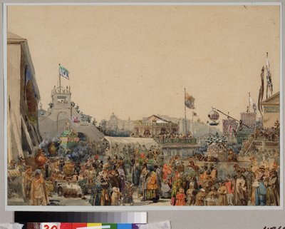 Výstavní stánek na náměstí Admirality v Petrohradě. Dílo Vasilije Semjonoviče Sadovnikova (1800-1879), akvarel na papíře od Vasili Semenovich Sadovnikov
