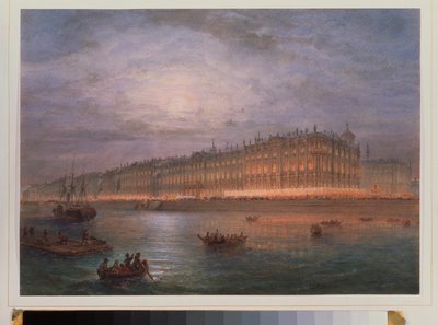 Pohled na Zimní palác v noci (Saint Petersburg). Dílo Vasilije Semjonoviče Sadovnikova (1800-1879), akvarel na papíře. Ruské umění 19. století. Státní Ermitáž, Petrohrad. od Vasili Semenovich Sadovnikov