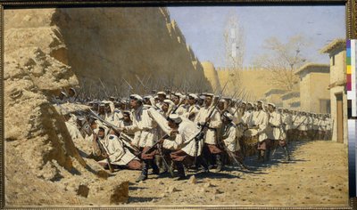 Do opevnění, Pusťte je dovnitř! (shromáždění vojska před bitvou) (U zdí pevnosti; Pusťte je dovnitř!) - Obraz Vasilije Vasiljeviče Vereščagina (Vereščagin) (1842-1904), olej na plátně (95x160,5 cm) od Vasili Vasilievich Vereshchagin