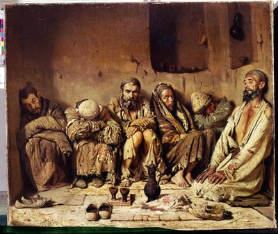 Orientalismus: kuřáci opia sedící na ulici na Blízkém východě (kuřáci opia). Obraz Vasilije Vasiljeviče Vereschagina (Vereščagin, Vereščagin) (1842-1904) od Vasili Vasilievich Vereshchagin