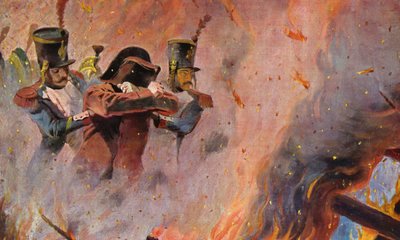 Vojáci provádějí Napoleona Bonaparta ohněm v Moskvě (barevná litografie) od Vasili Vasilievich Vereshchagin
