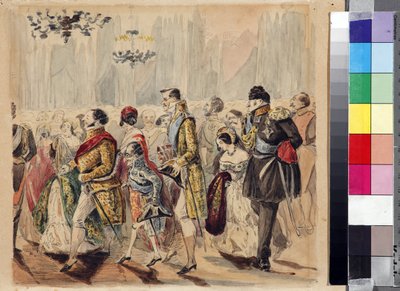 Ples vysoké společnosti par Baranov, Vasilij Venediktovič (1792-1836), první čtvrtina 19. stol. - Akvarel na papíře - Státní Lermontovovo muzeum Tarkhany od Vasili Venediktovich Baranov