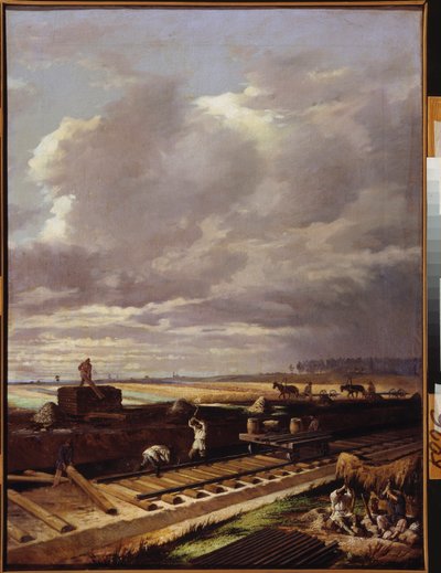 Stavební práce na železniční trati - obraz Vasilije Vladimiroviče Pukireva (Vassili Poukirev) (1832-1890), olej na plátně od Vasili Vladimirovits Pukirev