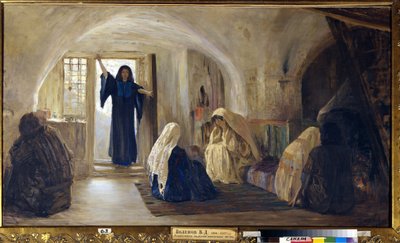 Spouštějící slzy radosti (Zářivá mladá žena vstoupí do domu, kde všichni sedí a brečí) (Uváděna slzavá ​​radost) - Obraz Vasilije Dmitrieviče Polenova (1844-1927), olej na plátně (80x141 cm),1899-1905 - Stát od Vasilij Dmitrievich Polenov