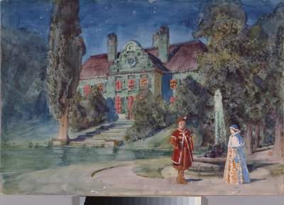 Přípravná výzdoba, zahrada před domem, pro operu "Boris Godounov"" od Modeste Moussorgského (1839-1881) - Scénický návrh pro operu Boris Godunov od Modeste Musorgského - Dílo Vasilije Dmitrieviče Polenova (1844-1927) , akvarel a kvaš na od Vasilij Dmitrievich Polenov