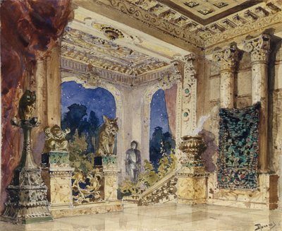 Scénický návrh k opeře Šarlatová růže N. Krotkova, 1884 od Vasilij Dmitrievich Polenov