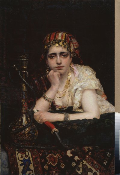 Odaliska. (Portrét harémové ženy s melancholickým pohledem, držící vodní dýmku). Obraz Vasilije Dmitrieviče Polenova (1844-1927), olej na plátně. Ruské umění 19. století, orientalismus. Národní muzeum umění Běloruské republiky, Minsk (Bieloru od Vasilij Dmitrievich Polenov