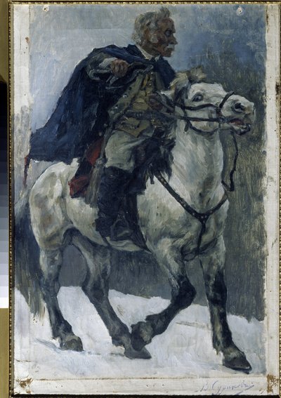 Alexander Suvorov (1729-1800) na koni. (Alexander Suvorov na koni). Ruský hrdina je popsán, když v čele ruských jednotek překračuje Alpy během italského tažení (1799-1800). Obraz Vasilli Ivanovič Surikov (Vasily Surik od Vasilij Ivanovic Surikov