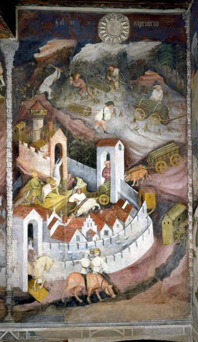 Prosinec: dřevorubci sbírají dřevo a přivážejí ho zpět do města Trento, kde jsou zastoupeny hradby a hrad Buonconsiglio. Malba Mistra měsíců nebo Mistra Václava (Maestro dei Mesi nebo Maestro Wenceslao italsky, zač. od Venceslao Maestro