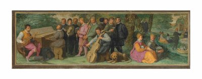 Pastýřský koncert s elegantními postavami hrajícími na cittern, klavichord, housle, kornet, pozoun a violoncello (olej na desce) od Venetian School