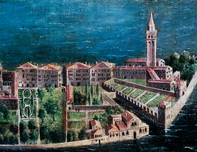 Zahrada vedle kostela Spasitele, detail z ptačí perspektivy na Benátky, obraz benátské školy, Itálie od Venetian School