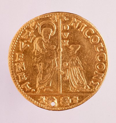 Zlatá mince (zecchino nebo flitr) z Benátské republiky: vláda dóžete Nicola Contariniho (1630-1631). Průměr 3,4 cm Řím, národní termín muzeum od Venetian School