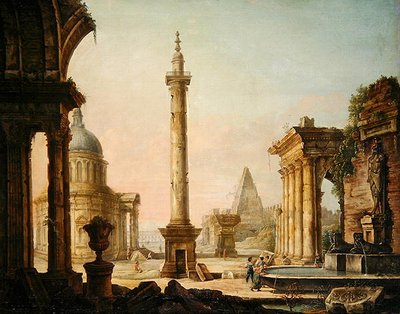 Imaginární pohled se sloupovým pomníkem (olej na plátně) od Venetian School