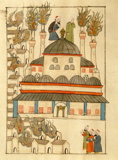 Paní cicogna 1971, miniatura z „Memory Turchese“ zobrazující Hagia Sophia během požáru v roce 1660 od Venetian School