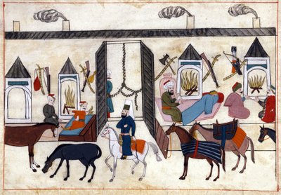 Pohled na vnitřek karavany v Turecku za Osmanské říše. Miniatura z „tureckých památníků“ (kodex Cicogna 1971 „Memorie Turchesche“) Akvarel z benátské školy ze 17. století. od Venetian School