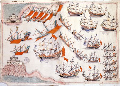 Válka mezi Benátkami a Osmanskou říší: Bitva o Dardanely, která viděla vítězství benátského kapitána Lorenza Marcella v roce 1655 (akvarel) od Venetian School