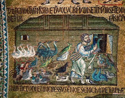 Byzantská architektura: „“Noe přináší zvířata do archy před potopou““““ mozaika vytvořená benátskými umělci Basilica di San Marco (bazilika San Marco), Benátky od Veneto-Byzantine School