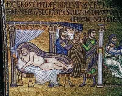 Byzantská architektura: „Opilost Noe“““ mozaika vytvořená benátskými umělci Basilica di San Marco ze 13. století od Veneto-Byzantine School